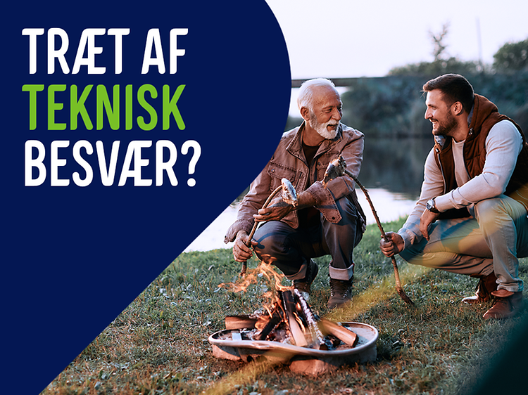 Banner med tekst og billede af to mænd der griller over et bål