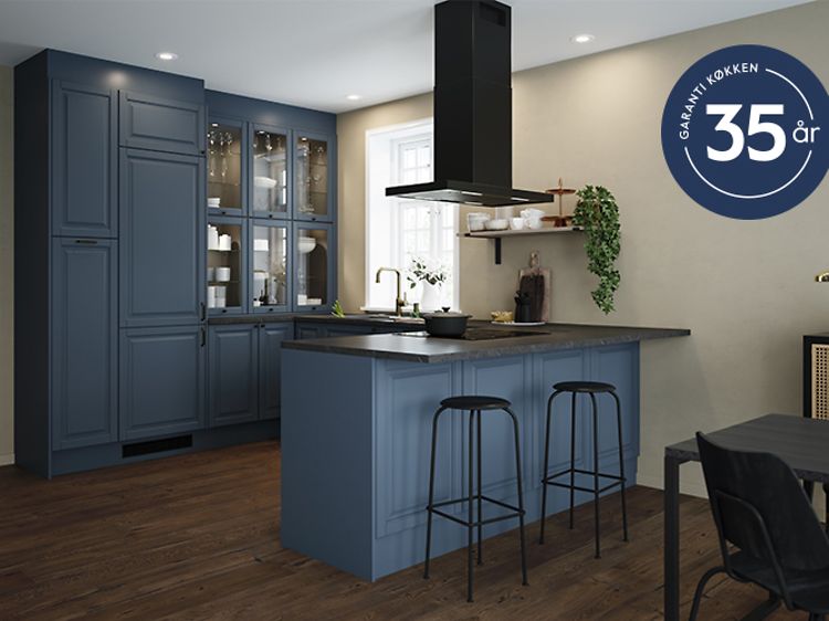 Epoq Heritage Blue Grey-køkken med Epoqs garantilogo