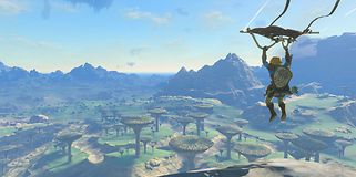 Screenshot af spillet med Link der bruger sin paraglider