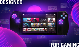 Asus ROG Ally-maskine på en lilla baggrund med apps og UI på skærmen