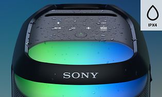 Sony SRS-XV800 højttaler og vanddråber og dens IPX4 vandafvisende kvalitet