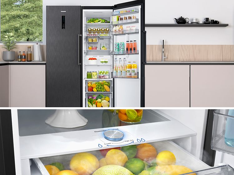Kollage med Samsung-køleskab med åben låge og Slide-In-hylde