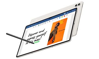 Billede af Galaxy Tab S9 med S Pen på hvid baggrund