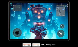 Illustration af gaming på Samsung-tablet med AKG-højtalere og Dolby Atmos