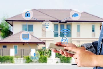 Et billede af et smart home-system der bliver styret at en person en app