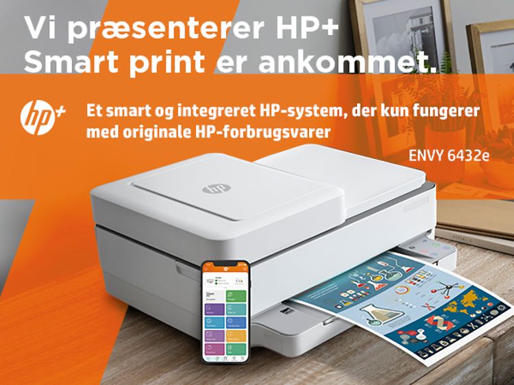 Banner med tekst og billede af HP printer ved siden af smartphone