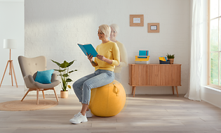 Billede af kvinde der sidder på en bold og læser i en stue