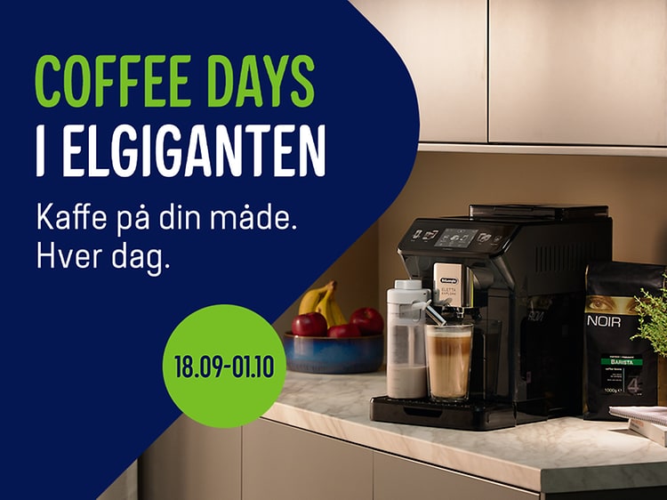 Kaffemaskine i et køkken og teksten Coffee days i Elgiganten, Kaffe på din måde. Hver dag.