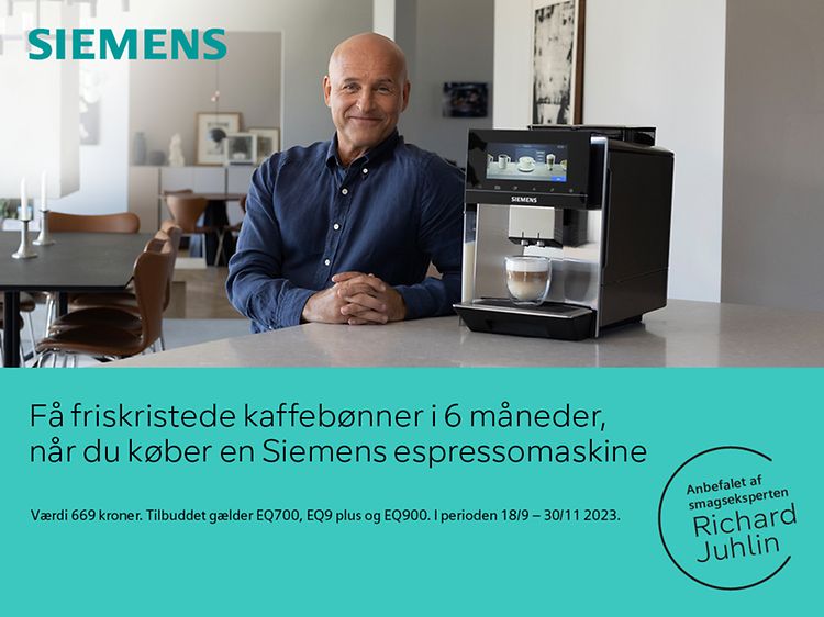 Siemens EQ-espressomaskine og teksten Få friskristede kaffebønner i 6 måneder, når du køber en Siemens espressomaskine