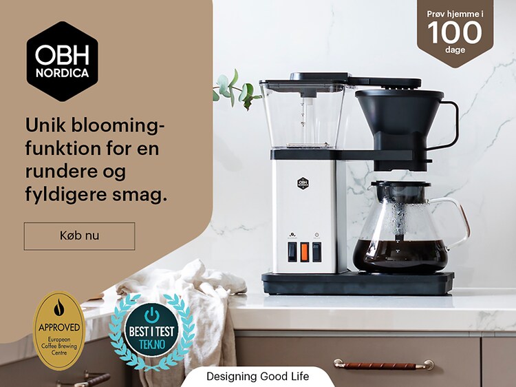 Obh Nordica kaffemaskine og teksten Unik Blooming-funktion for en rundere og fyldigere smag, køb nu