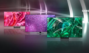 Find det rigtige Samsung TV - topbanner - Tre forskellige størrelser Samsung TV med pink, lilla og grøn baggrund
