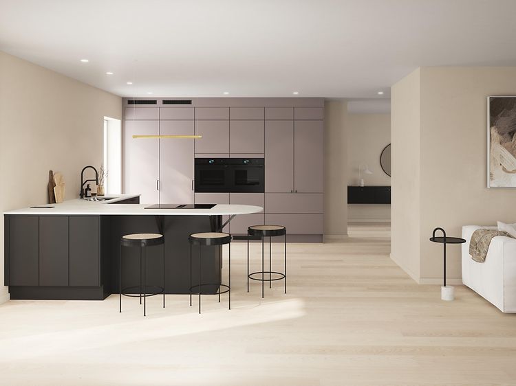 Living room and kitchen in grey and black and a white worktop