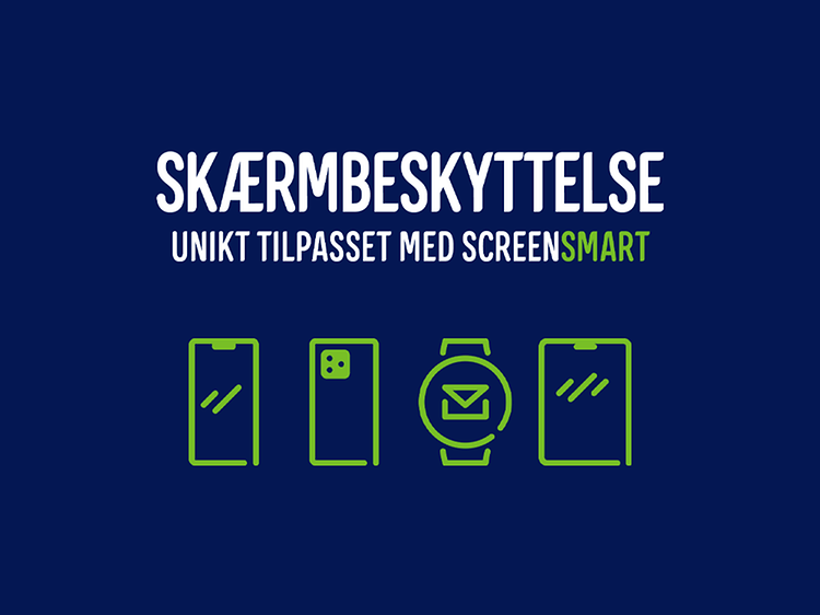 Banner med teksten Skærmbeskyttelse unikt tilpasset med screensmart