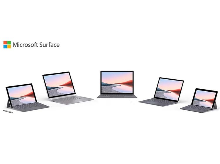 Microsoft Surface Family og billede af fem PC'er