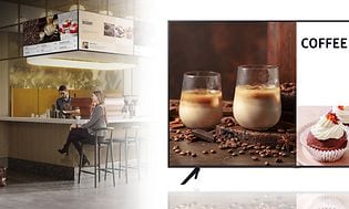 Samsung Business TV banner med billeder af TV'et på en café og en person der styrer det med en smartphone app