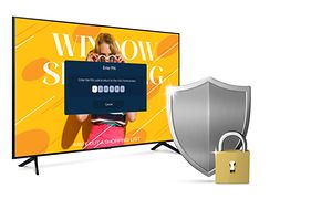 Samsung Business TV og en hængelås der illustrerer sikkerhedslåsefunktion