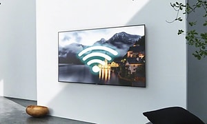 Smart TV på en væg med WiFi symbol