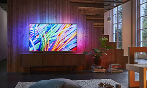TV med ambilight der viser mange farver