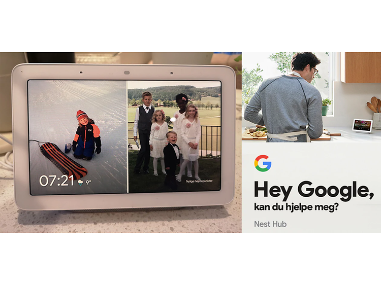 To billeder på google nest og teksten Hey google kan du hjælpe mig